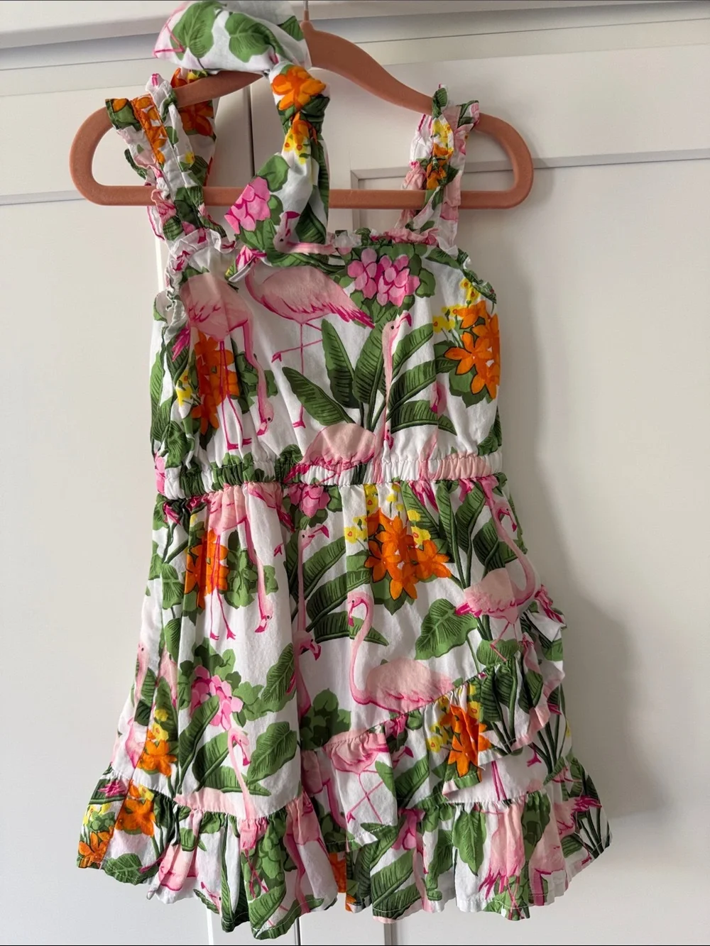 Janie and Jack White Tropical Flamingo Ruffle Dress with Matching Headband